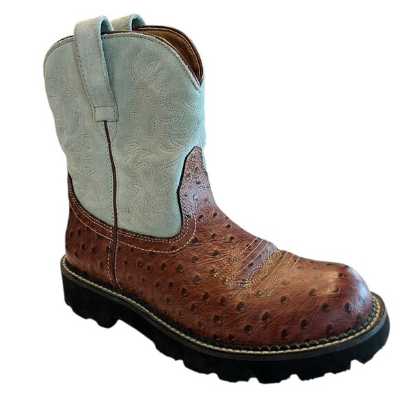 Ariat Fatbaby Western Boots Sz 9.5B Womens Ostrich Print Light Blue Suede upper - Picture 1 of 12
